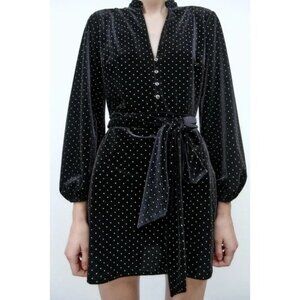 ZARA Black Velvet Shirt Dress With Tie-Waist and Tiny Gold Metal Grommets